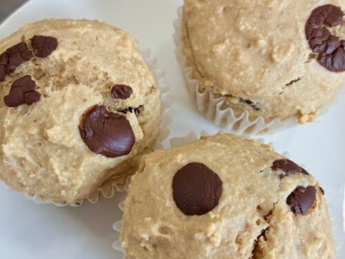 Fluffy healthy oat flour chocolate chip muffins served on a clean white plate
