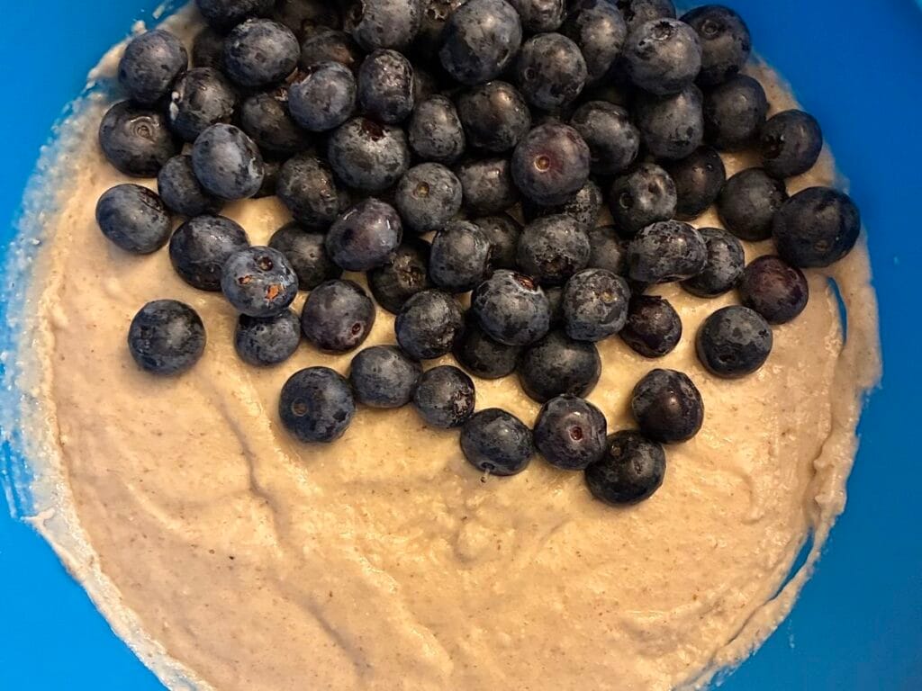 Easy One-Bowl Eggless Blueberry Oat Flour Cake (Low Sugar) 4 Fresh blueberries added to eggless oat flour cake batter