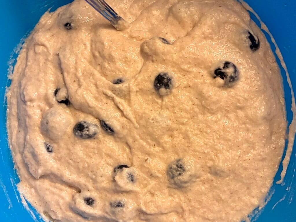 Easy One-Bowl Eggless Blueberry Oat Flour Cake (Low Sugar) 5 Blueberries fully folded into a one-bowl cake batter