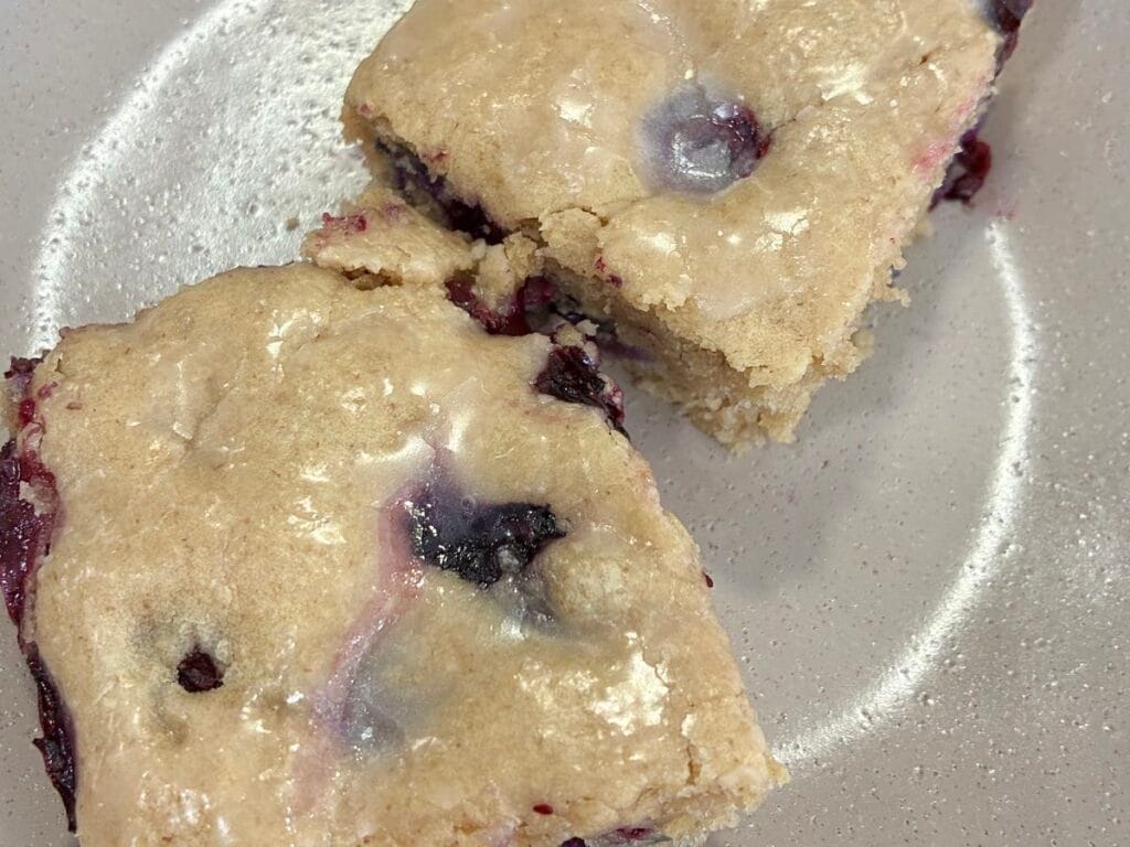 Easy One-Bowl Eggless Blueberry Oat Flour Cake (Low Sugar) 6 Top down view of a warm blueberry oat flour cake with powdered sugar glaze