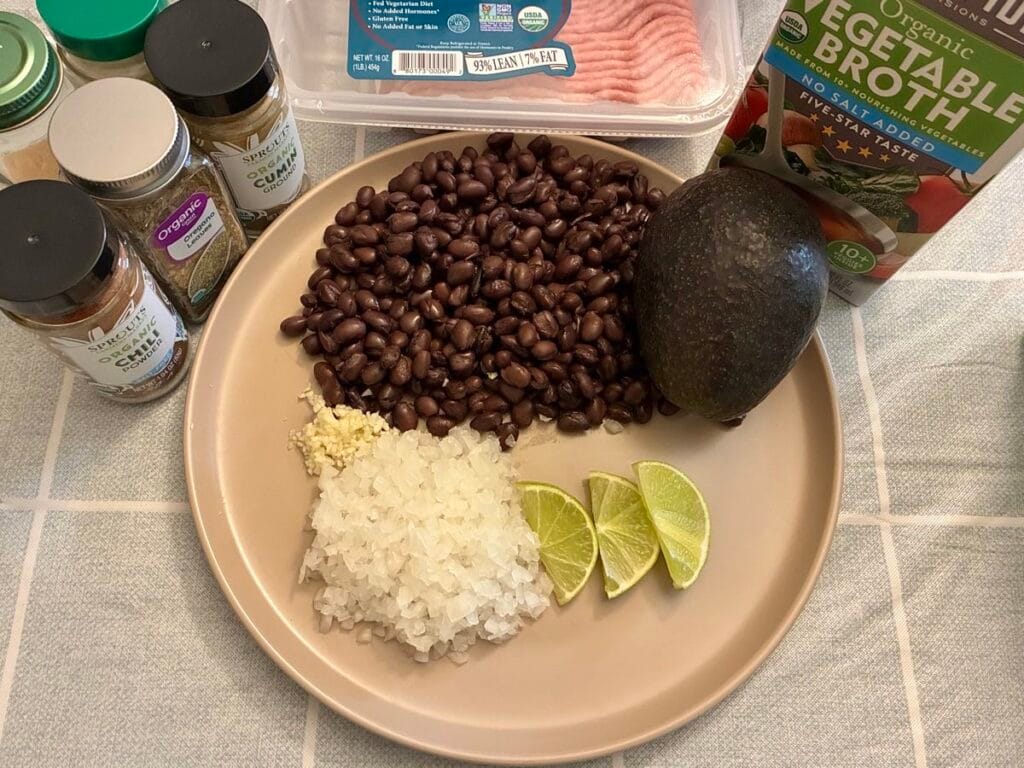 Fresh ingredients and raw vegetables for turkey and black bean taco skillet recipe 