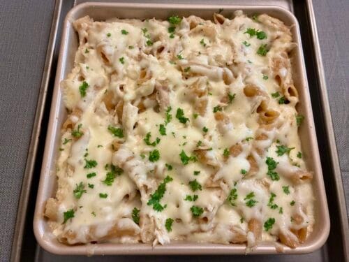 No Chop Chicken Alfredo Pasta Bake