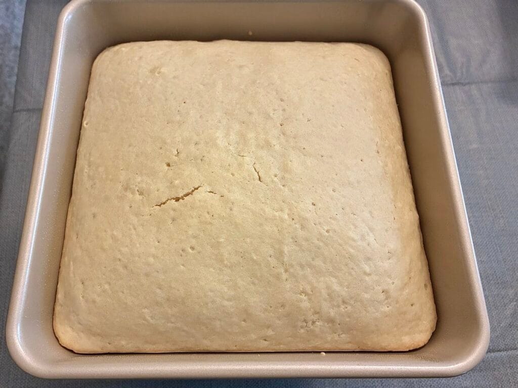 Easy One-Bowl Eggless Vanilla Almond Cake (8x8 Snack Cake) 3 A whole 8x8 inch vanilla almond snack cake fresh from the oven, showing a perfectly golden-brown top crust inside a square baking pan.