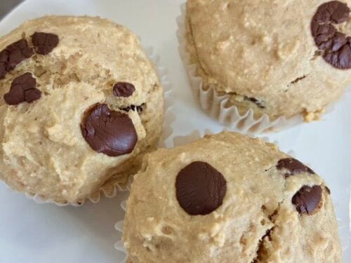 Fluffy healthy oat flour chocolate chip muffins served on a clean white plate