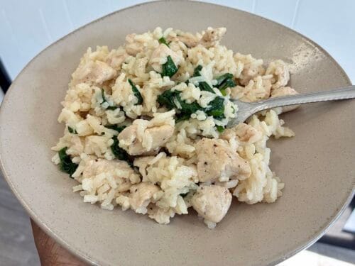 A close-up plated shot of creamy garlic chicken and rice with a fork resting in the fluffy grains.
