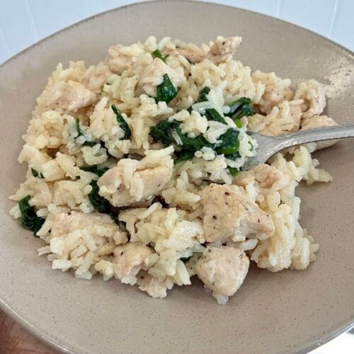 A close-up plated shot of creamy garlic chicken and rice with a fork resting in the fluffy grains.