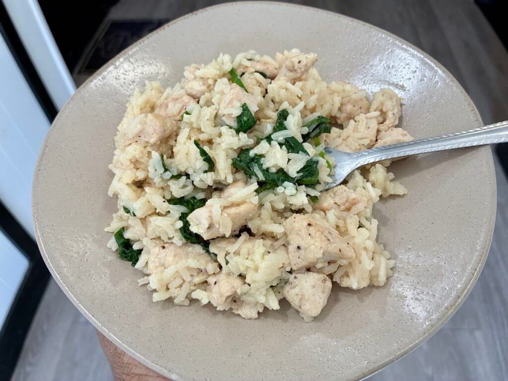 A fork lifting a bite of tender chicken and fluffy rice from a plated serving of creamy garlic chicken and rice.