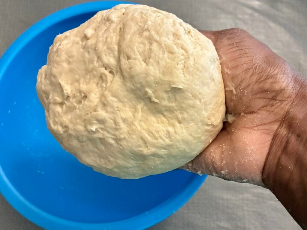 Healthy One-Bowl Artisan Pizza Dough (with An Oat Flour Twist) 4 A baker's hand holding up a smooth, rounded artisan pizza dough ball right before resting it for a rise.