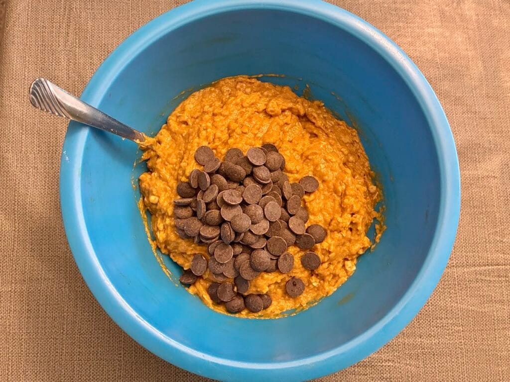 Healthy Eggless Pumpkin Chocolate Chip Snack Cake (8x8 Pan) 4 The thick and moist one-bowl eggless pumpkin chocolate chip snack cake batter fully combined and topped with a generous layer of dark chocolate chips before baking.